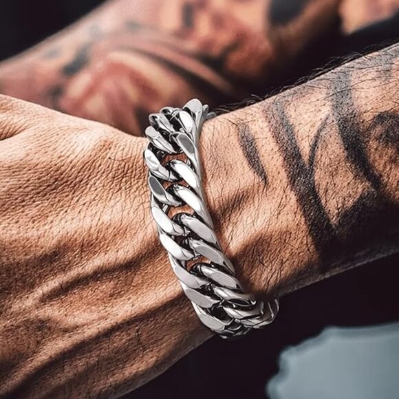 Cuban Link Chain Bracelet for Men Silver Chunky Chain Jewelry - Picture 1 of 5